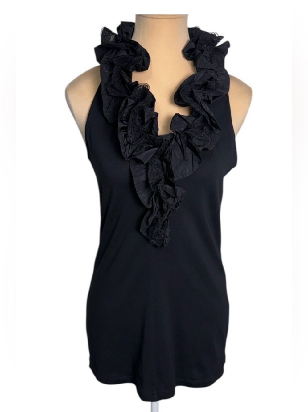 CAbi Black Taffeta Lace Ruffled Sleeveless Top